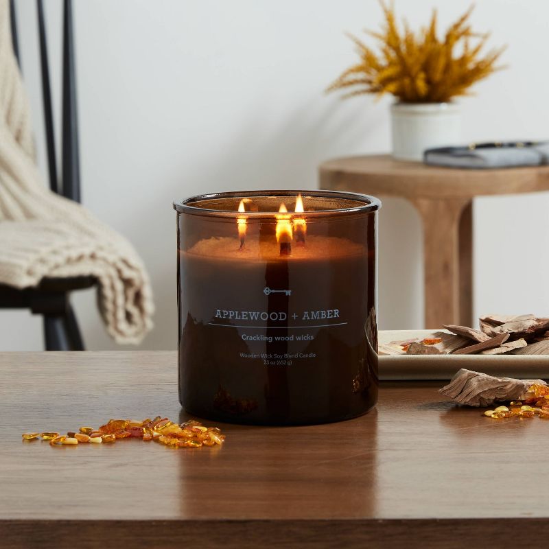3-Wick Amber Glass Applewood + Amber Lidded Wooden Wick Jar Candle 21oz - Threshold&#8482;, 3 of 5