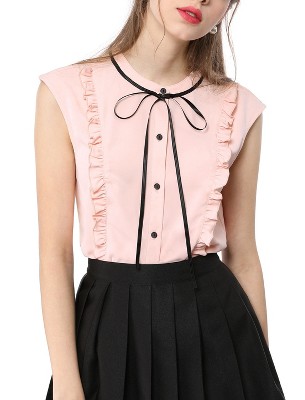 Allegra K Women's Cute Tie Neck Sleeveless Ruffle Button Down Chiffon Summer Shirt