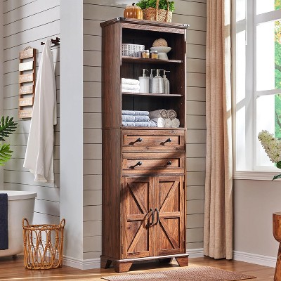 SinCiDo 72" Tall Farmhouse Bathroom Storage Cabinet, Adjustable Shelves & Barn Door & 2 Drawers for Bathroom, Living Room, Kitchen