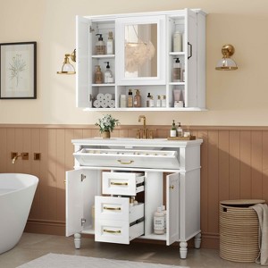 MAYEERTY 36" Bathroom Vanity with Sink White MDF Rubberwood 3 Drawers Adjustable Shelf Freestanding - 1 of 4