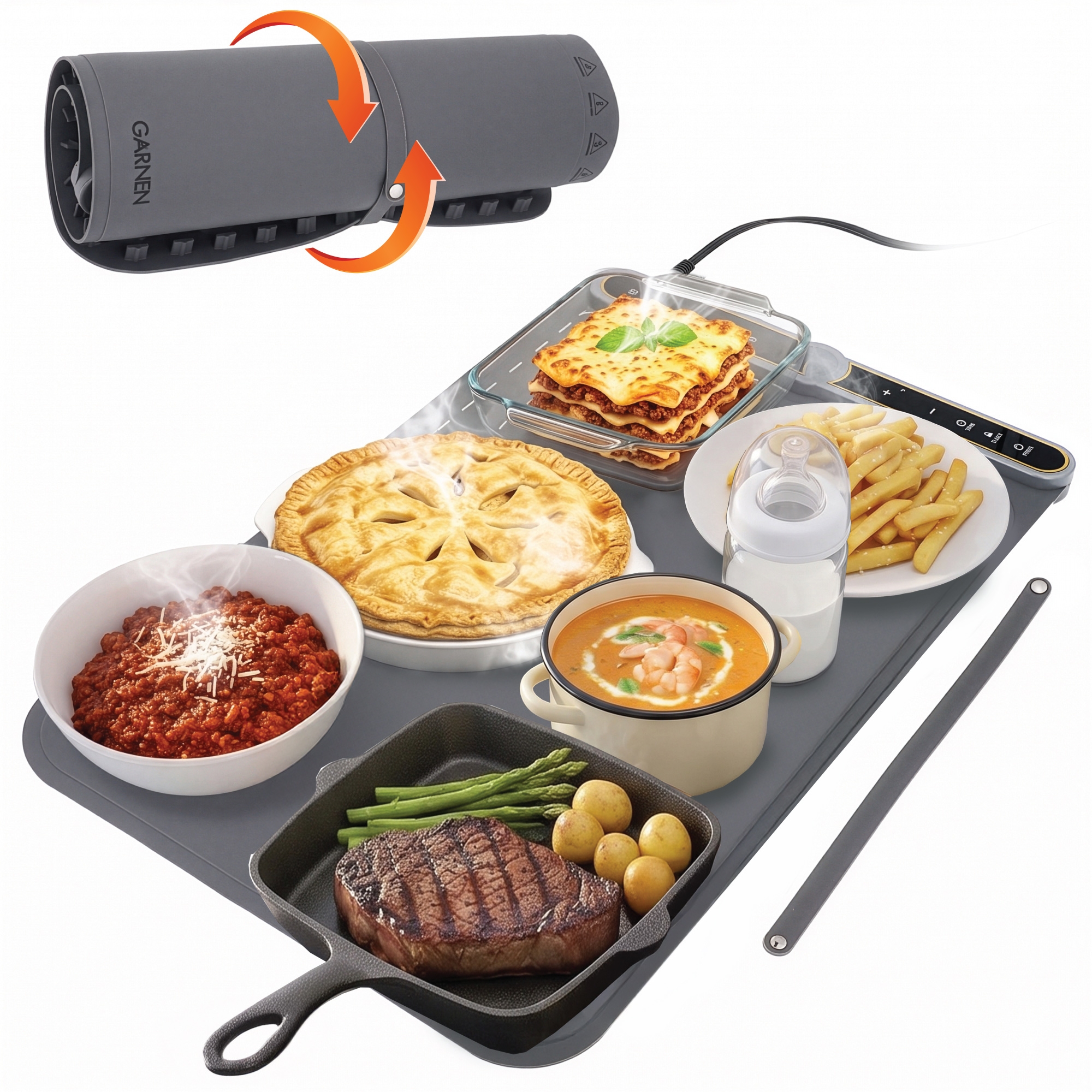 Garnen 9-Temp Electric Food Warming Mat for Food, 24"x15" Silicone Food Warmer, 8 Timer Roll Up Heating Mat for Food Countertop Warming Mat Child Lock