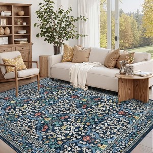 Acekool Washable Area Rug, Non-Slip Floral Botanical Carpet, Soft Low Pile Throw Rug for Living Room Bedroom Kitchen, Stain Resistant - 1 of 4
