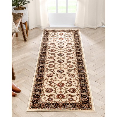 Ivory Floral Oriental Runner Rug with Black Border