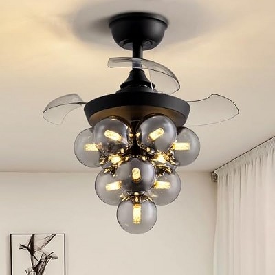 Siljoy 23.6" Black Ceiling Fan, Modern Retractable Ceiling Fan with Lights and Remote, Invisible Blades Chandelier Fan for Living Room