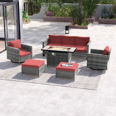 Sonkuki 6-Piece Patio Sofa with Rectangle Fire Pit Table and Swivel Rocking Chairs, Patio Conversation Couch with Cushion