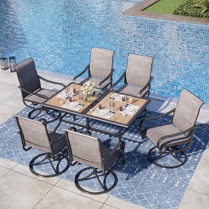 Captiva Designs 7pc Patio Dining Wood-look Rectangle Table & Textilene Swivel Chairs - 1 of 4