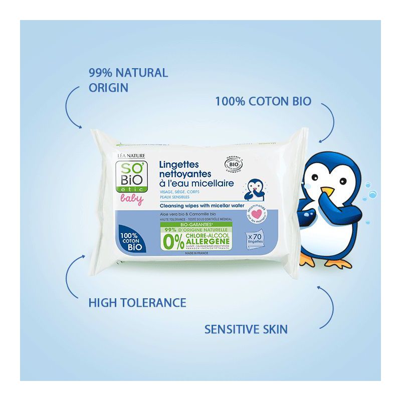 SO'BiO etic | Baby Cleansing Wipes | Organic & Biodegradable Micellar Water Wet Wipe Skin Cleanser for Newborn, Infant, Toddler | 70 Wipes, 2 of 4