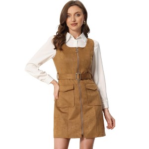 INSPIRE CHIC Women's Faux Suede Round Neck Zipper Sleeveless Tie Waist Pinafore Dress - 1 of 4