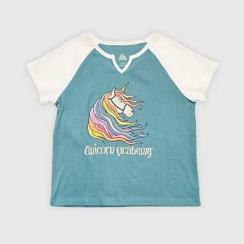 Girls' Unicorn Academy Notch Cap Sleeve Graphic T-Shirt - Light Blue