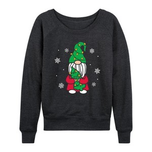 Women's - Instant Message - Gnome with Tree and Lights Lightweight French Terry Wide Neck Long Sleeve Graphic Shirt - 1 of 4