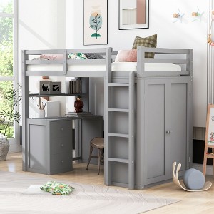Okak Twin Size Wood Bunk Bed with Built-in Wardrobe, Storage Drawers, Loft Bunk Bed with Desk for Teens, Easy Assemble, Gray - 1 of 4
