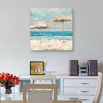 30" x 30" Coastal Beach Scene with Straw Umbrellas Canvas