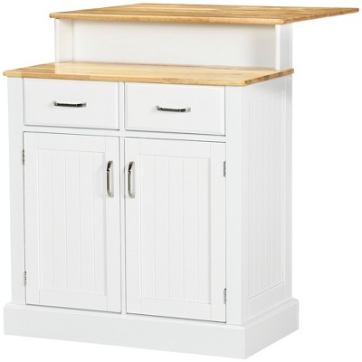 White and Light Brown Rubber Wood Kitchen Island with Storage Cabinet