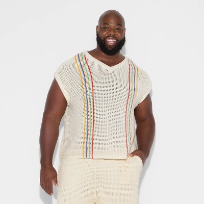 Pride Adult Boxy Oversized V-Neck Open Knit Stitch Pullover Sweater - Ivory Striped