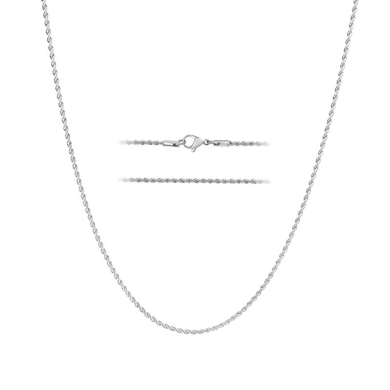 KISPER 24k White Gold Rope Chain Necklace –Thin, Dainty, White Gold Plated Stainless Steel Jewelry for Women & Men with Lobster Clasp, 1 of 8