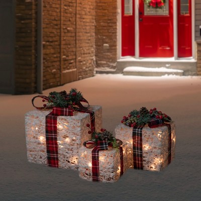 Set of 3 Lighted White and Red Plaid Christmas Gift Boxes
