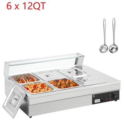 6x12QT Food Warmer 1500W Bain Marie Buffet Pan Steam Table 6-Pan With Glass Shield & Adjustable Temp & Auto Shut Off & Dry Burning Indicator