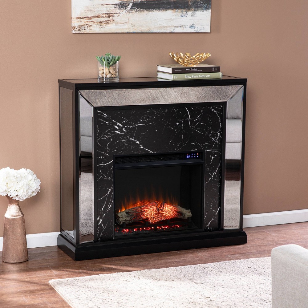 Photos - Electric Fireplace Tynchel Mirrored Faux Marble Touch Screen Fireplace Silver/Black - Aiden L