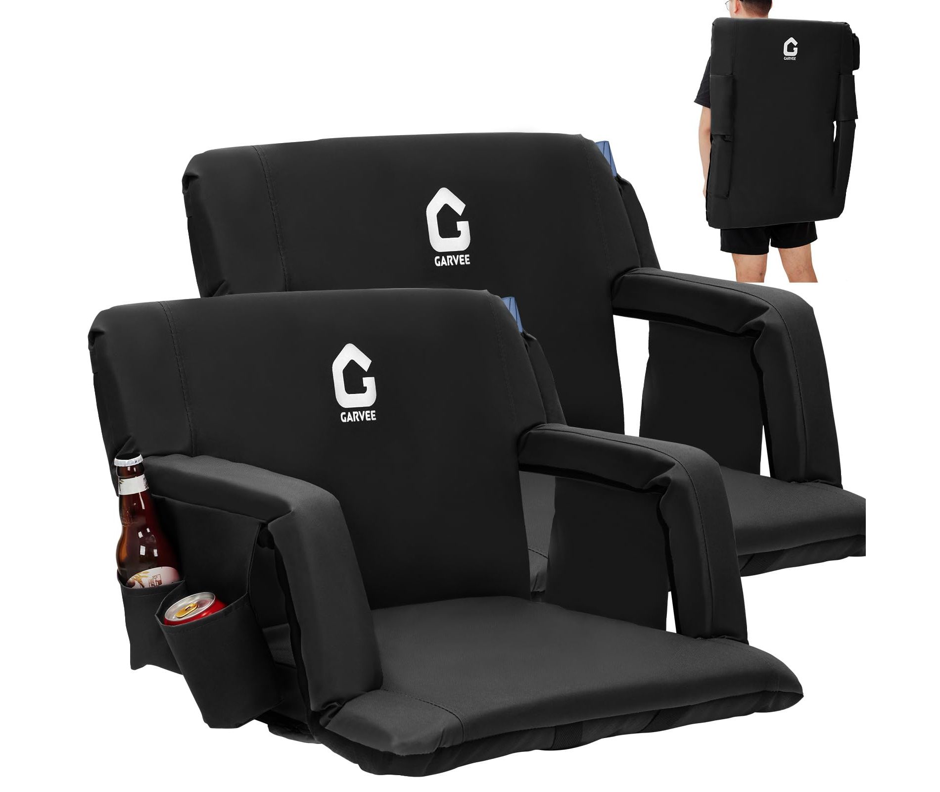 GustoWave Portable Stadium Seats with Back Support and Padded Cushion -  Bleacher Chair with Anti-Slip Mat, 6 Adjustable Angles, Black 24.5''W