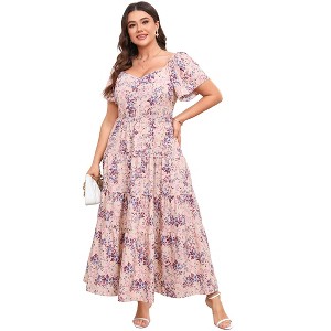 Womens Plus Size V Neck Summer Dress Layered Floral Print Long Maxi A Line Boho Dress - 1 of 4