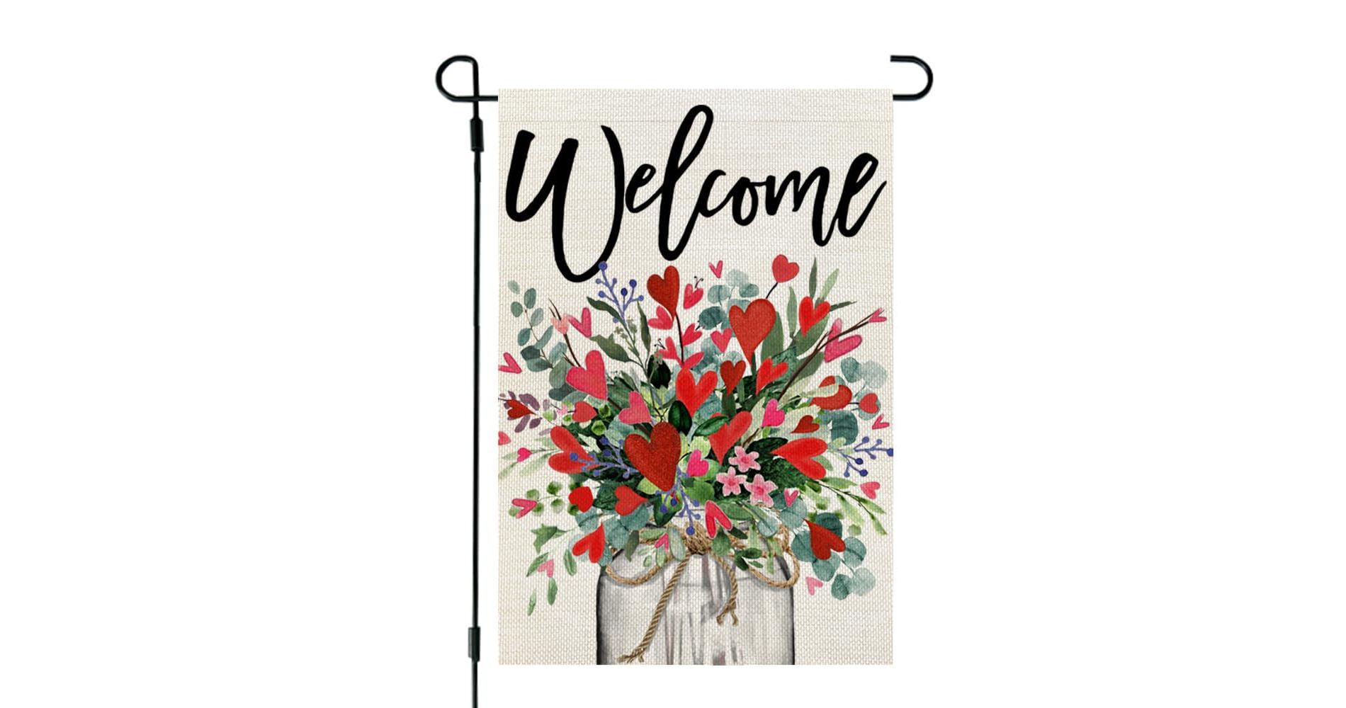Valentines Day Floral Mason Jar Garden Flag 12x18 Inch 1-Sided for Outside Welcome Burlap
