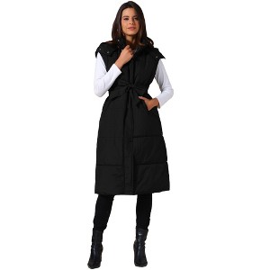 INSPIRE CHIC Women's Long Sleeveless Hooded Pockets Belted Winter Vest Jackets - 1 of 4