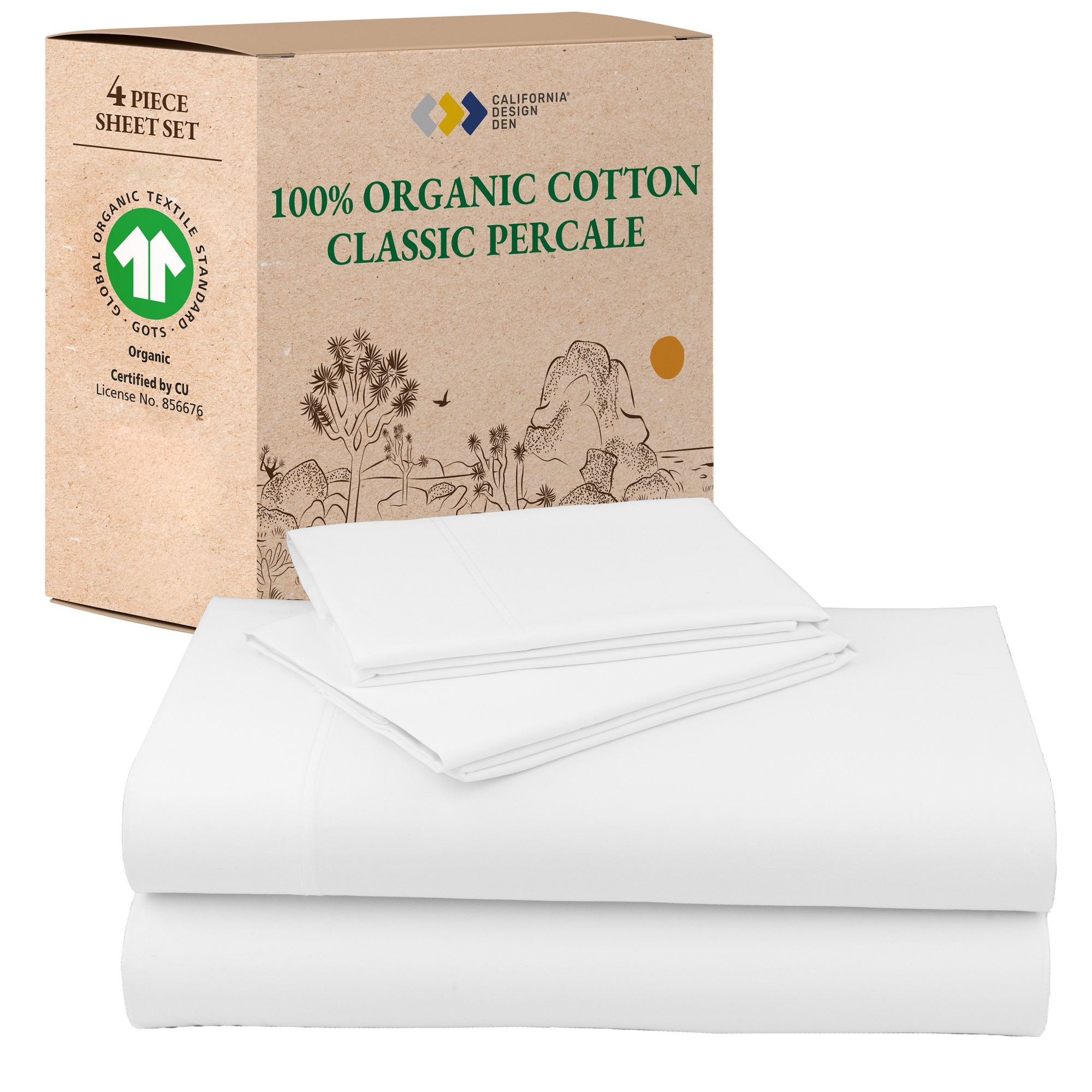 Queen Sheets Set, 100% Organic Cotton Percale, White Bed Sheets by California Design Den