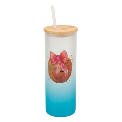 Elanze Designs 25 Ounce Frosted Glass Gradient Travel Tumbler With Straw and Wooden Lid, Basketball With Pink Bow Sky Blue
