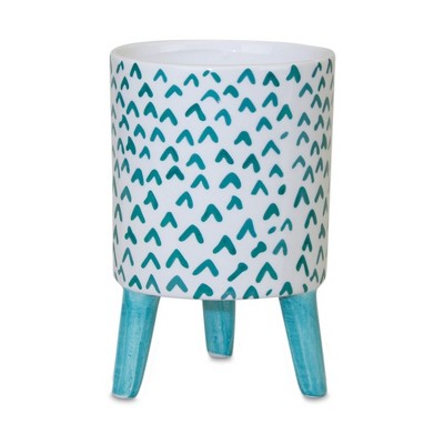 Teal & White Abstract Pattern Dolomite Mini Pot with Legs, Set of 6