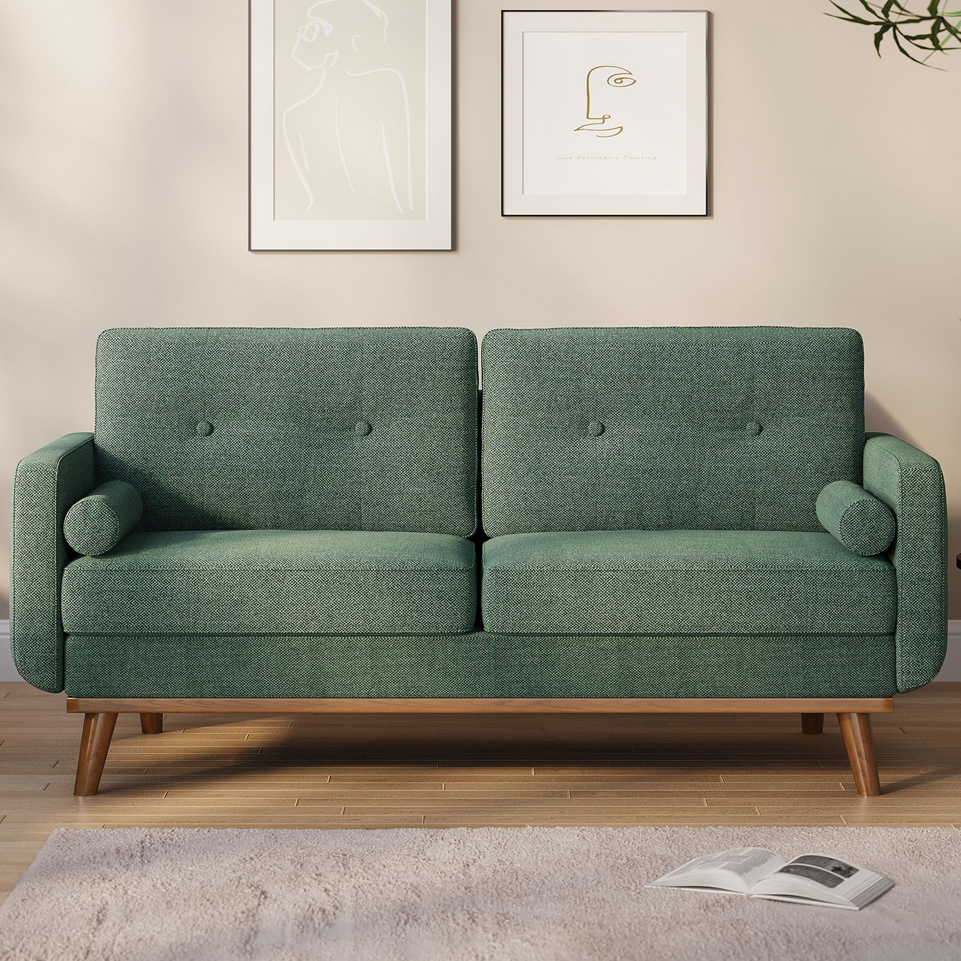 Garvee 65" Loveseat Sofa, Mid Century Modern Couch Couch, Linen Upholstered Sofa for Living Room, Bedroom, Office, Green