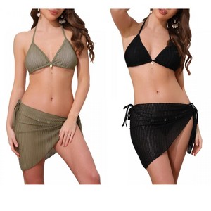 INSPIRE CHIC Women's 3-Piece Herringbone Halter Top Tie Side Triangle Bottom with Cover Up Skirt Bikini Suits 2 Sets - 1 of 4