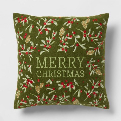 'Merry Christmas' Embroidered Square Throw Pillow Green - Threshold™