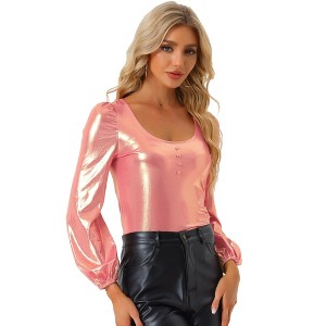 Allegra K Women's Scoop Neck Lantern Sleeve Shiny Metallic Glitter Tops - 1 of 4