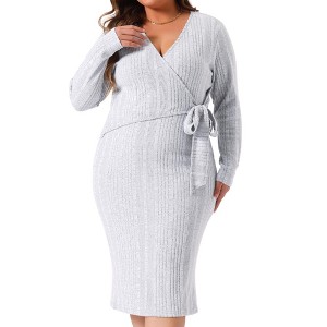Agnes Orinda Women's Plus Size Elegant Back Slit V Neck Long Sleeve Wrap Sweater Midi Dresses - 1 of 4