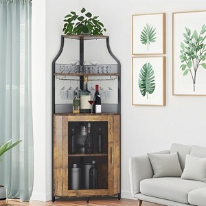 CuisinSmart Corner Wine Bar Cabinet with Detachable Wine Rack, Bar Cabinet with Glass Holder, Small Sideboard and Buffet Cabinet with Mesh Door - 1 of 4