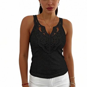 Women's Sleeveless Lace Trim V Neck Tank Top, Hollow Crochet