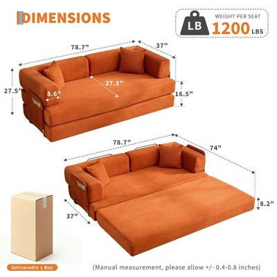 Dimensions diagram of orange corduroy sofa bed showing measurements