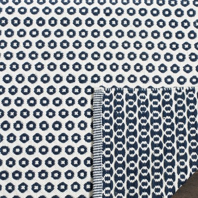 Hand-Woven Navy and Ivory Wool-Cotton Blend 59" Rug