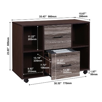 Walnut Wood Mobile Lateral File Cabinet with 2 Drawers