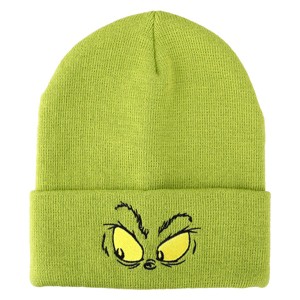 Grinch Face Green Embroidered Cuffed knitted Beanie for Christmas - 1 of 3