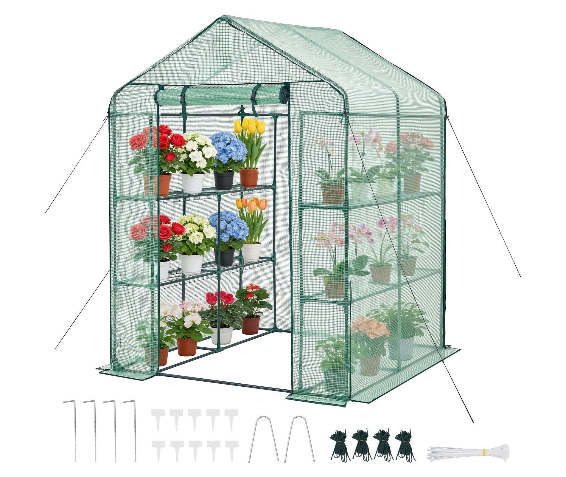VEVOR Walk-in Greenhouse, 55.5" x 56.1" x 78.7" Greenhouse for Outdoors with PE Cover, 2 Tiers 8 Shelves, Roll-Up Zipper Door, Walk in, Green