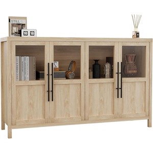 55 Inch Sideboard Buffet Cabinet with Four Glass Doors Large Modern Farmhouse Storage for Kitchen Dining and Living Room Natural - 1 of 4
