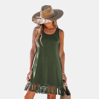 Women's Olive Green Tassel Trim Fringe Tank Dress - Cupshe