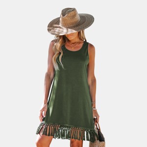 Women's Olive Green Tassel Trim Fringe Tank Dress - Cupshe - 1 of 4