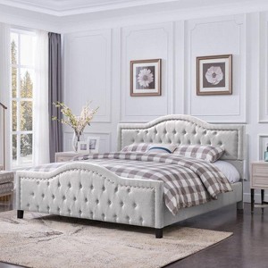 Light Gray Upholstered Queen Size Bed Frame with Arched Headboard and Footboard, Button Tufted Platform Bed -Christopher Knight Home - 1 of 4