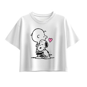 Girls' - Peanuts - Snoopy Charlie Hug Short Sleeve Boxy Graphic T-Shirt - 1 of 2