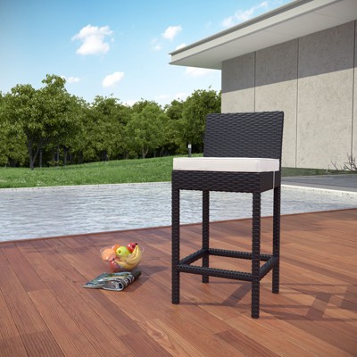 Espresso White Wicker Rattan Outdoor Bar Stool with Beige Cushion