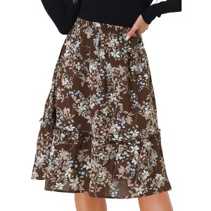 INSPIRE CHIC Women's Ruffle Hem Elastic Waist Flowy A-Line Swing Floral Midi Skirt - 1 of 4
