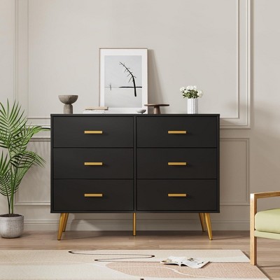 6 Drawer Dresser, Modern Wooden Dresser with Gold Handles and Storage Space