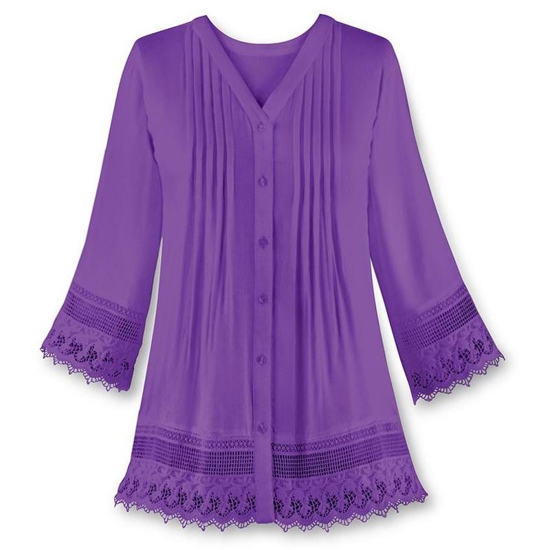 Collections Etc Pintuck Lace Trim Button Down V-Neck Tunic, 3 of 5